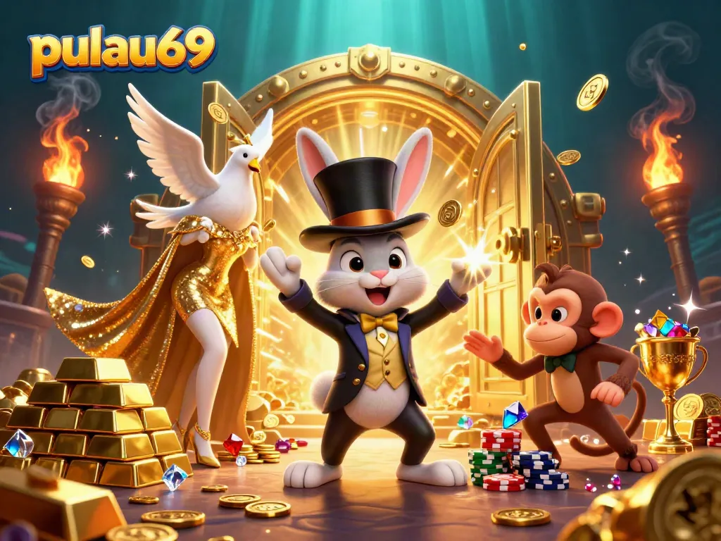 Experience thrilling victories with pulau69 through a magical casino scene featuring vibrant characters and treasures.