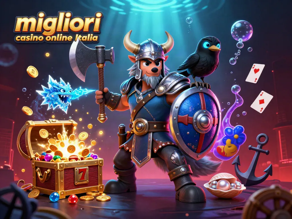 Immagine dei migliori casino online Italia con un guerriero lupo, un drago e un corvo surreali in un contesto ludico.