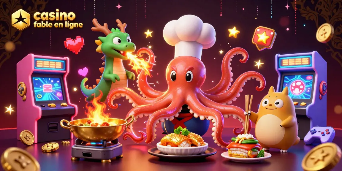Jouez dans un casino fiable en ligne avec un chef sushi pieuvre et un dragon, entourés de jeux 3D.