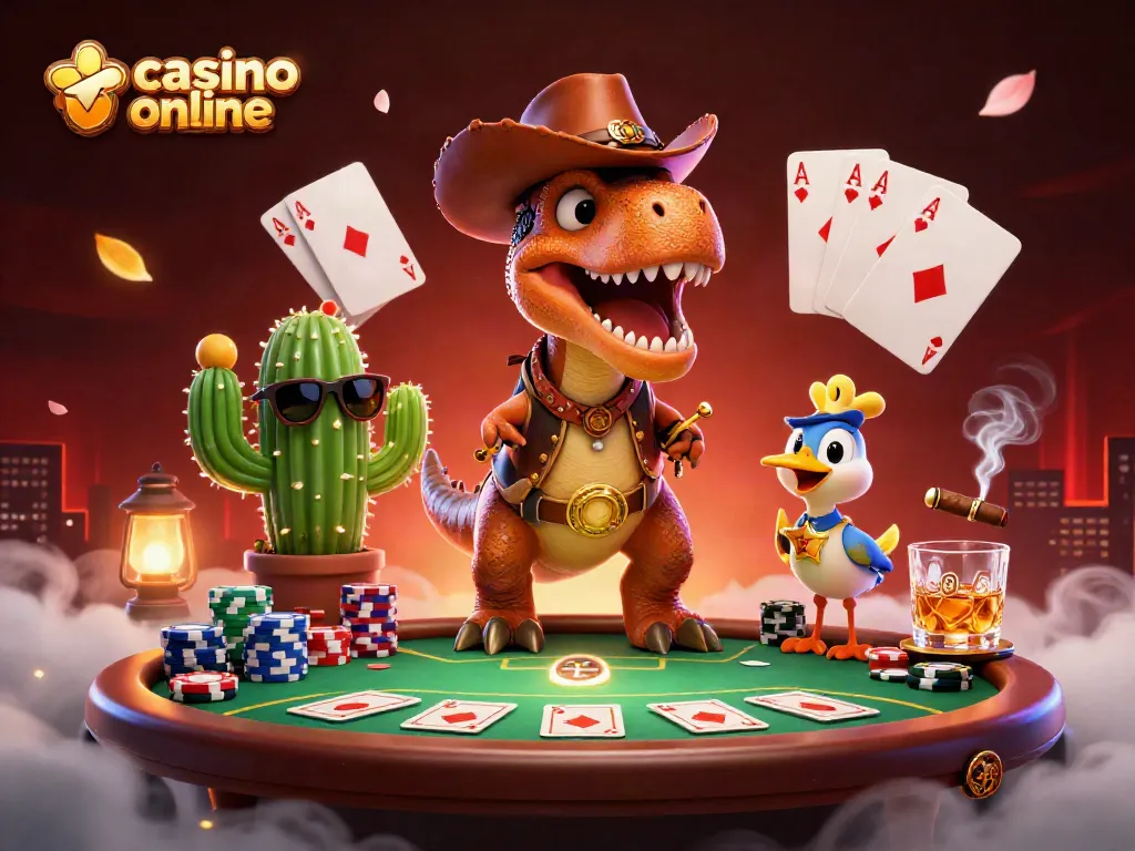 Juego dinámico en un casino online con un dinosaurio T-Rex y personajes acompañantes.