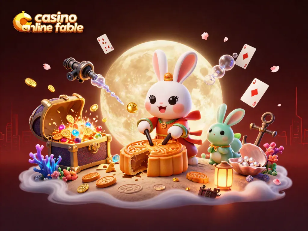 Disfruta con casino online fiable en esta ilustración 3D de un conejo lunar y fichas de póker.