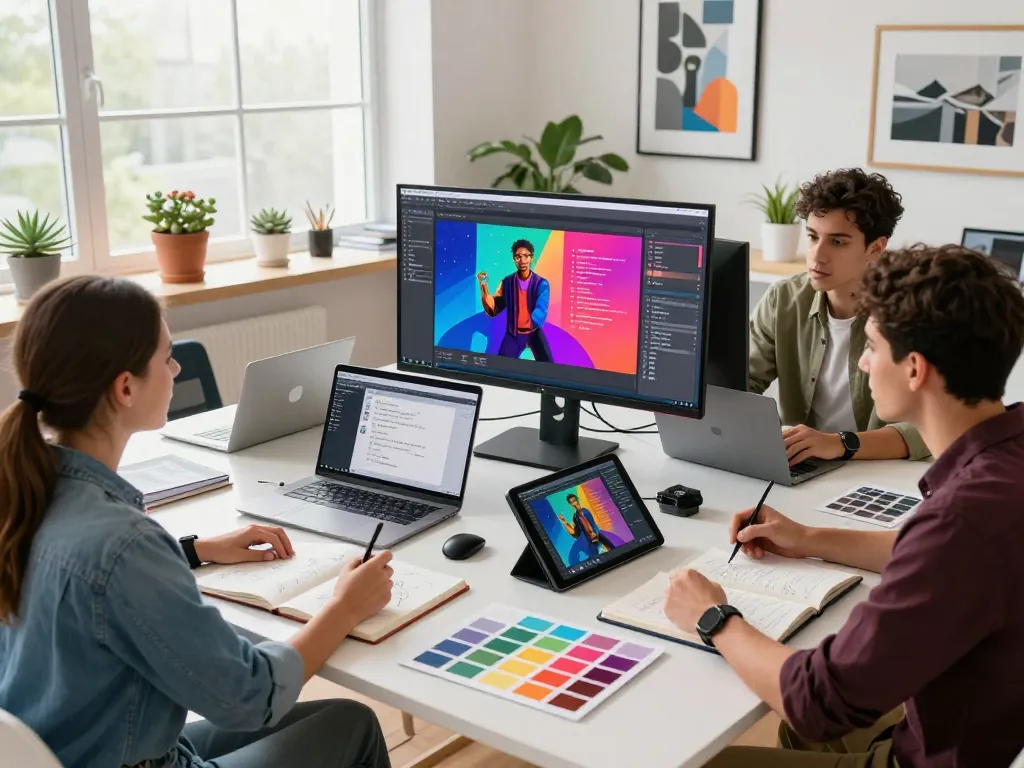 Collaborative design team generating AI image prompts in a bright studio.
