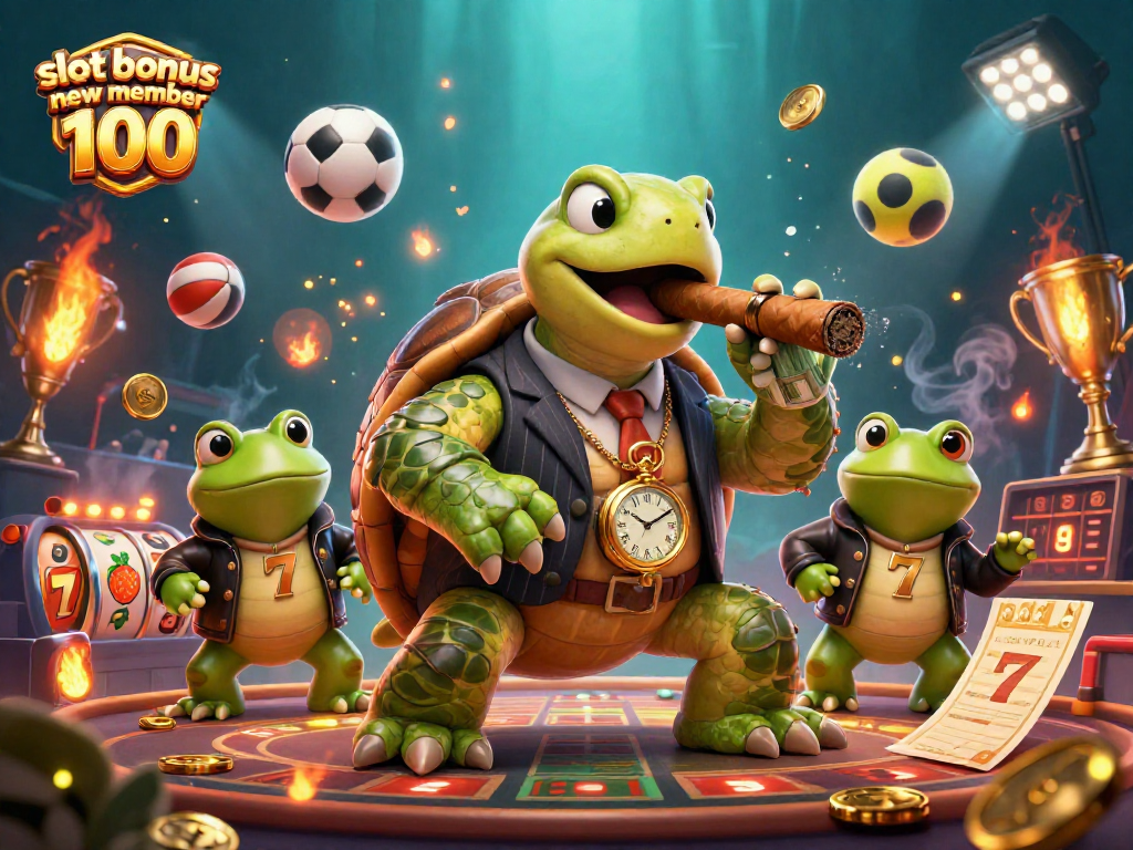 Play with the vibrant and engaging slot bonus new member 100 illustrated scene featuring characters and casino elements.