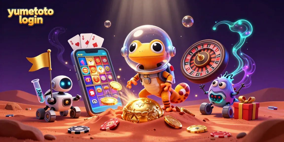 Melakukan login di yumetoto dengan 3D gecko Mars mencari kasino emas, penuh elemen taruhan.