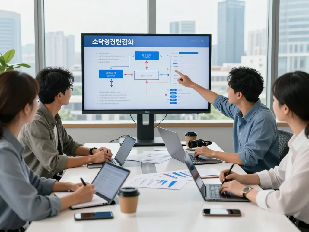 Engaged group discussing 소액결제현금화 in a modern financial office setting, highlighting innovative payment solutions.
