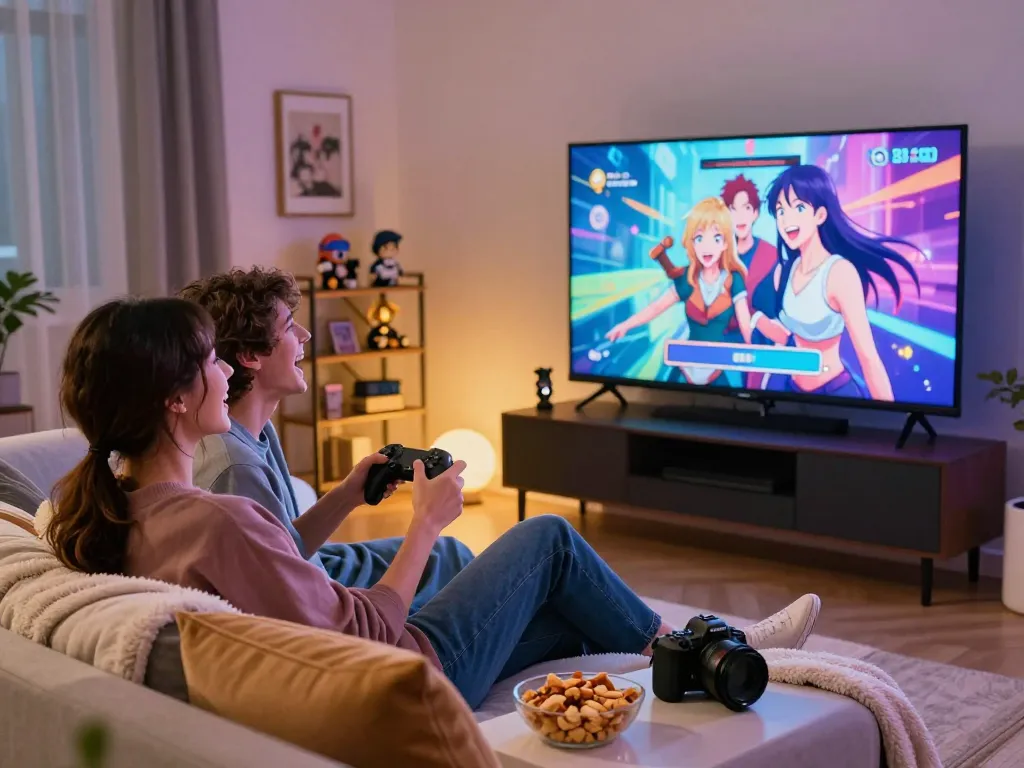 Couple playing a hentai game on a large screen in a cozy living room.