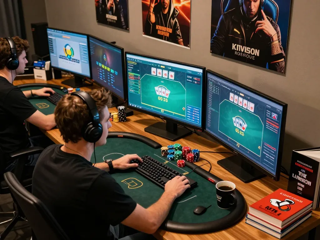 A player strategizing in a high-tech poker setup for 79KING online gaming sessions.