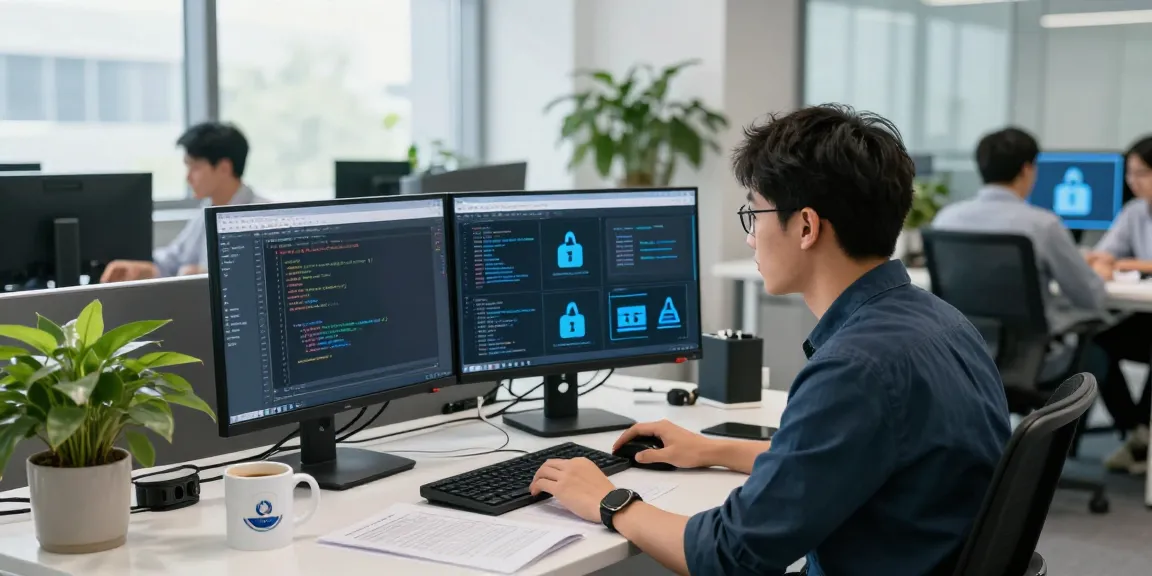 Cybersecurity analyst at workstation checking browser security compliance for https://shs-dome5.com/ in modern office