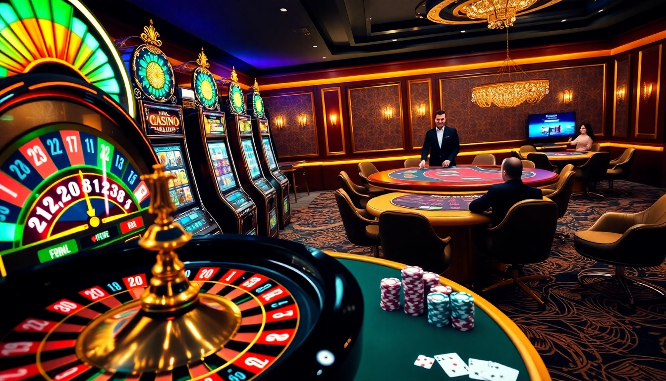 Une scène de casino dynamique présentant un casino en ligne France fiable avec des éléments luxueux et des joueurs enthousiastes.