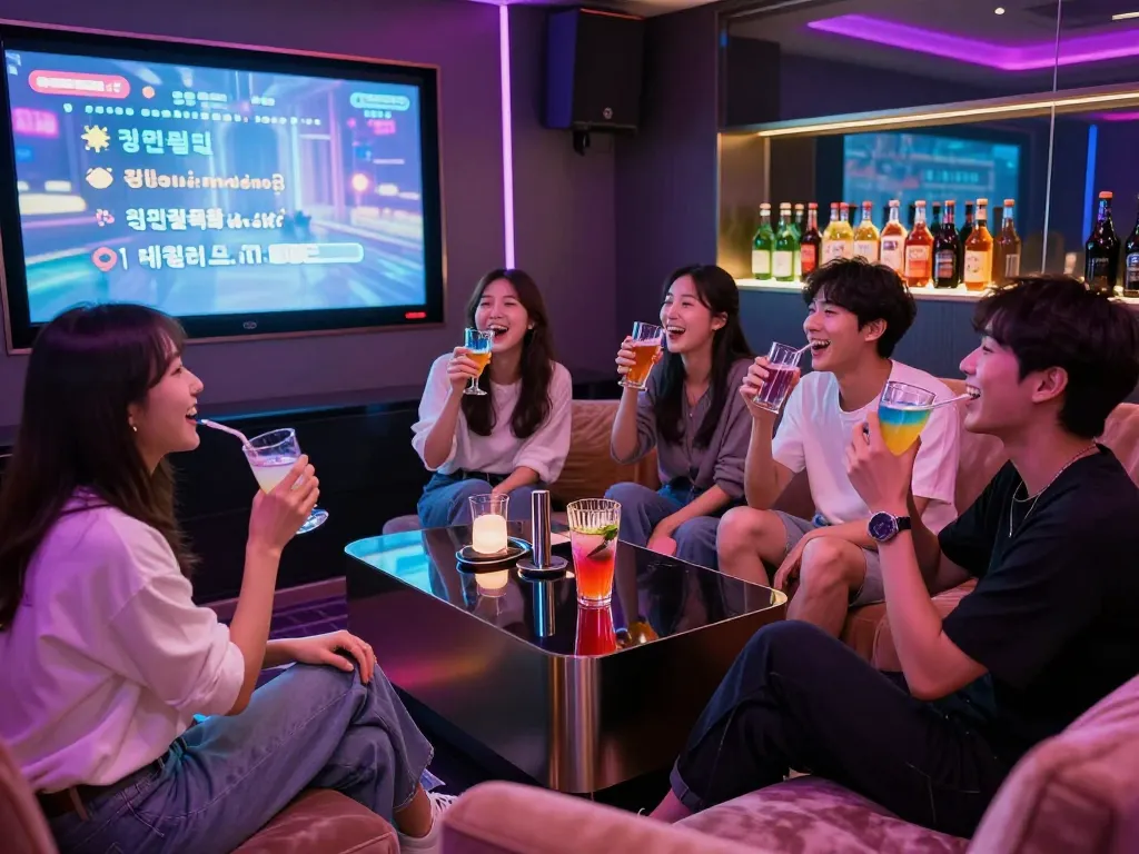 Enjoying lively karaoke at 인천쓰리노 with colorful decor and drinks.