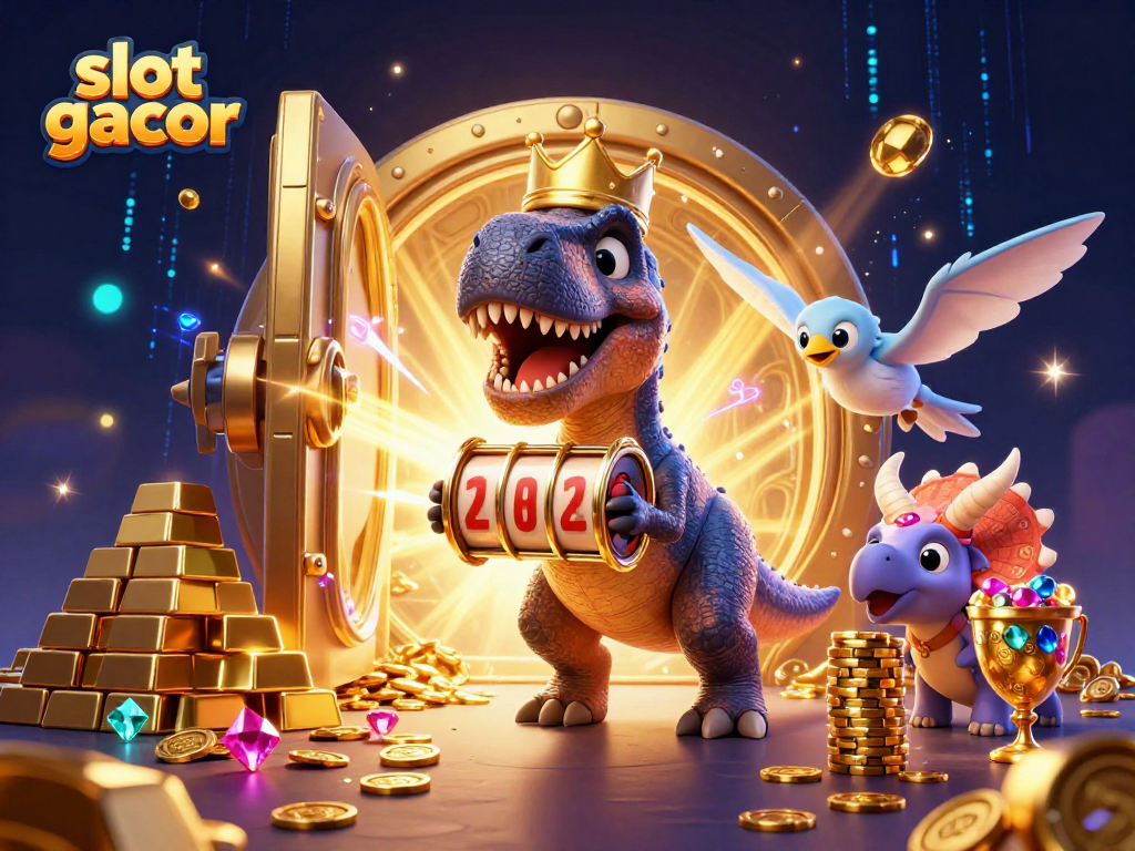Engage with slot gacor as a T-Rex battles cards, while gems and gold enhance the casino atmosphere.