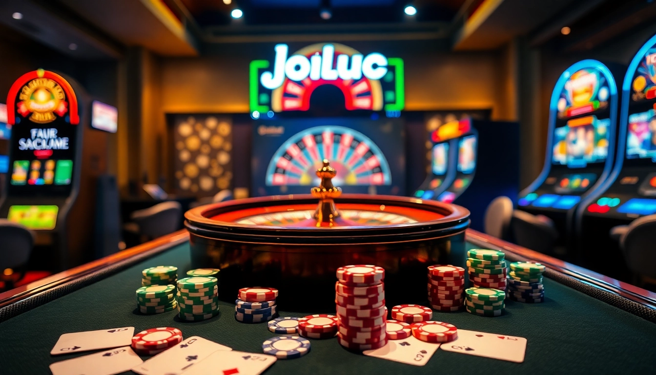 Experience thrilling online gaming with Jogoluck's luxury casino environment, featuring poker tables and vibrant slots.