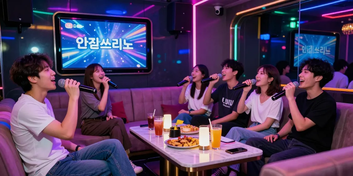 Group enjoying 인천쓰리노 karaoke lounge with lively atmosphere and colorful lights.