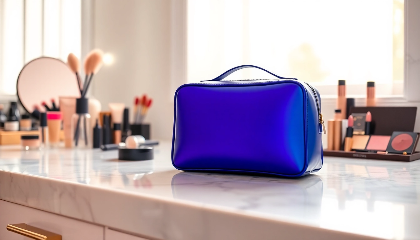 Showcasing the skone cosmetics signature makeup bag elegantly placed on a stylish vanity.