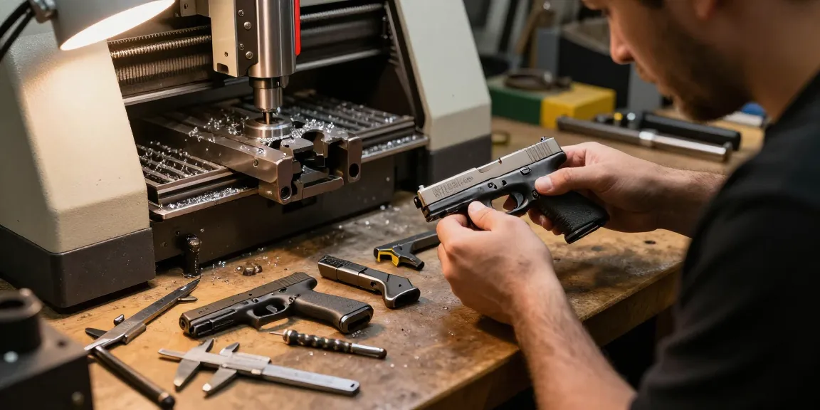Custom Glock slides from https://precisionglockslides.com displayed in a gunsmith workshop, showcasing craftsmanship and precision.