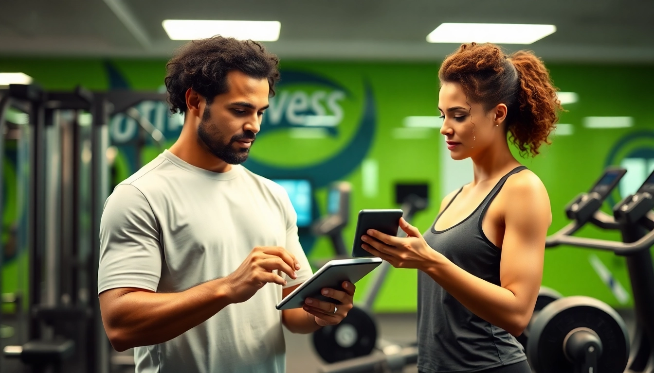 Calculate your body fat percentage calculator with a fitness coach using digital devices in a modern gym.