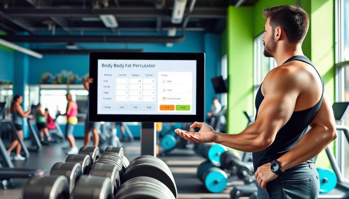 Calculate body fat percentage calculator with professional fitness coach in gym setting