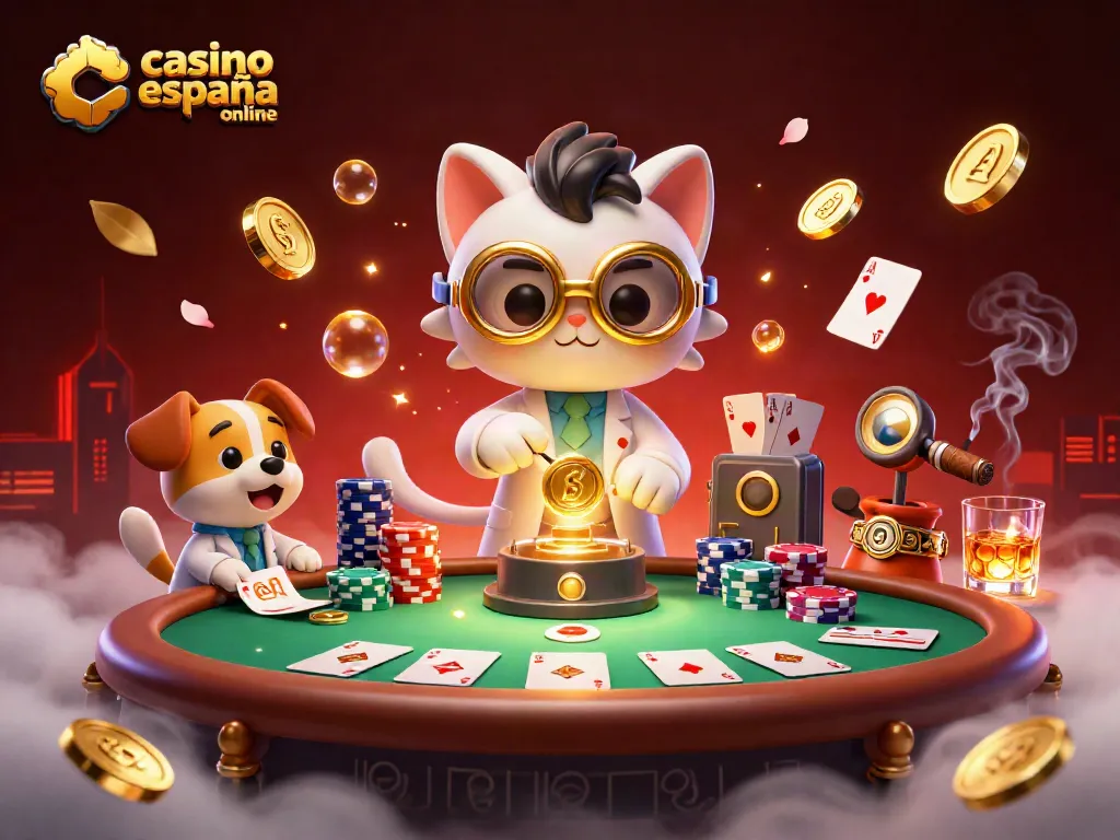 Disfruta de la experiencia en el casino España online con un gato científico y su perro asistente rodeados de fichas y cartas.