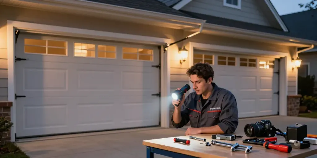 Expert technician conducting after hours garage door repair in a modern home garage.