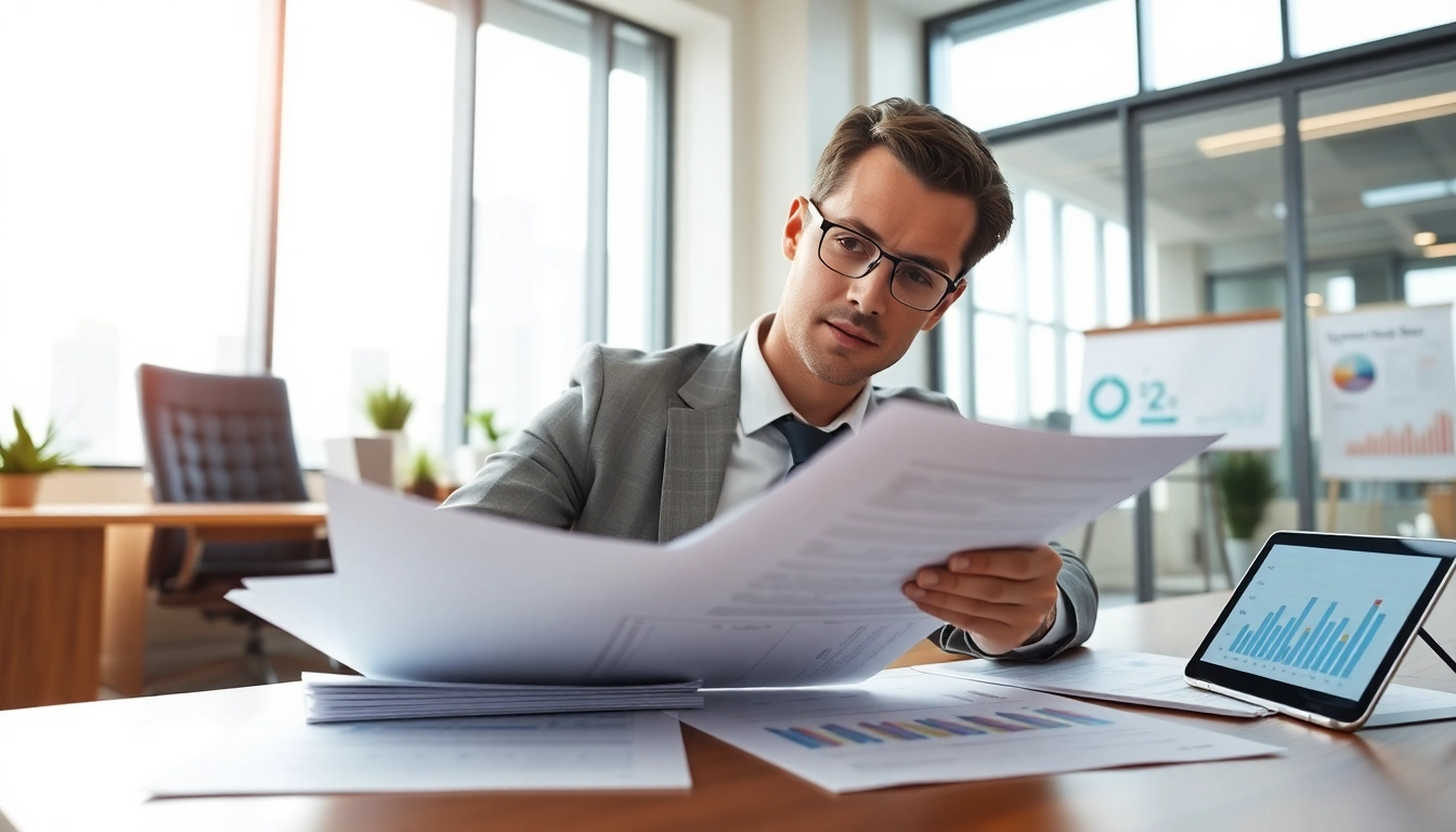 Consultant reviewing FCPA/DCAA/Flowdown/ITAR/EAR compliance documents in a bright office.