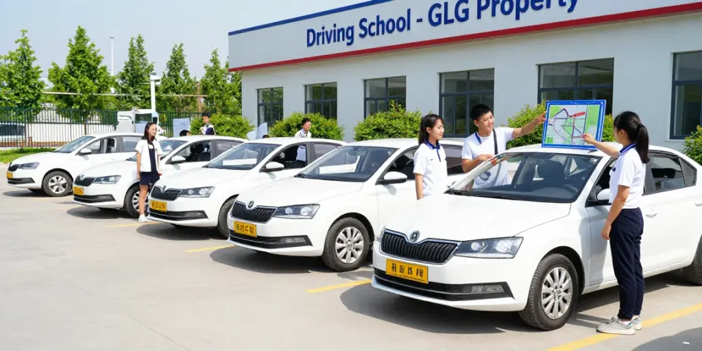 Students at GLG Property driving school discussing 'scoala auto pret' options with instructors beside modern Skoda vehicles.