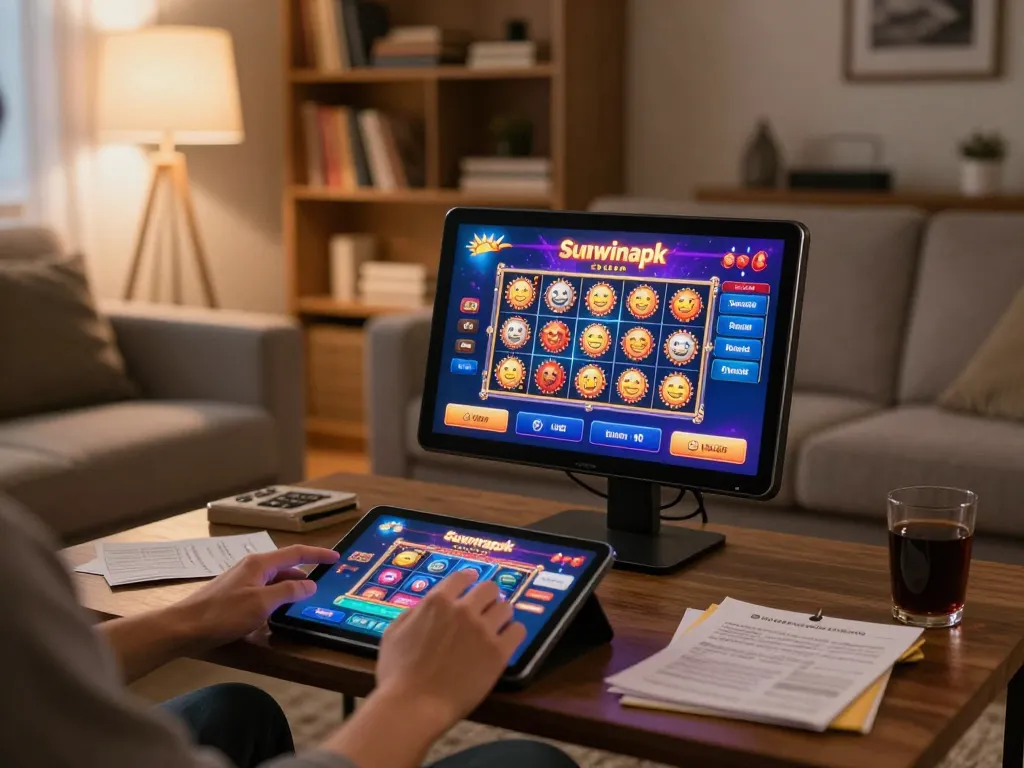Engaging in online gaming on sunwinapk app with colorful interface visible on tablet in cozy home setting