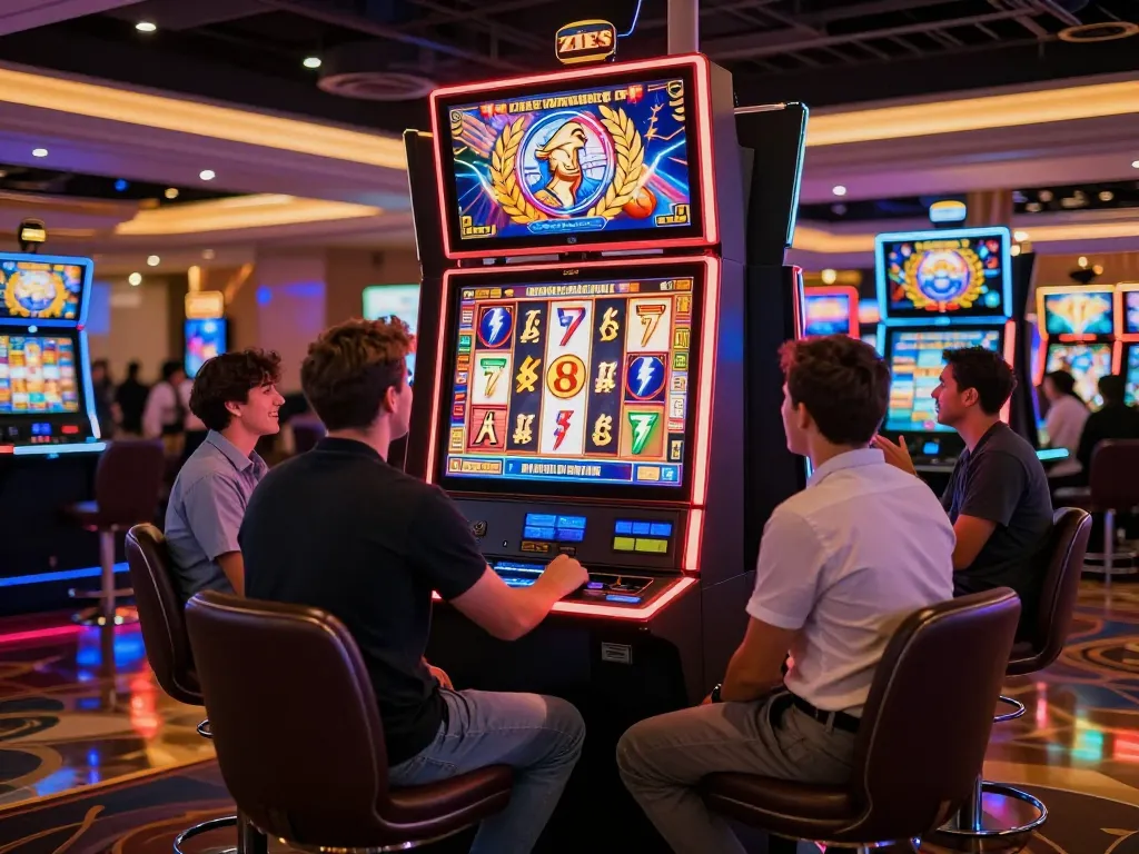 Pemain menyaksikan gulungan mesin slot zeus berputar untuk potensi kemenangan di suasana kasino yang hidup.