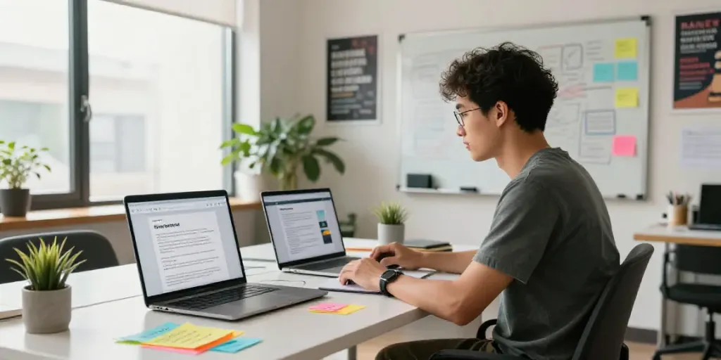 Creative workspace with AI generated website copy displayed on laptops and vibrant marketing notes.