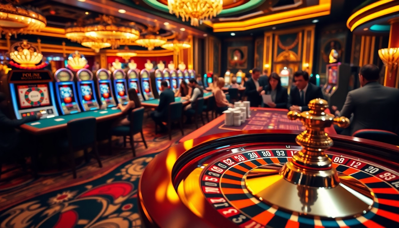 Scène excitante présentant un casino en ligne france fiable avec des joueurs aux tables de roulette et de poker.