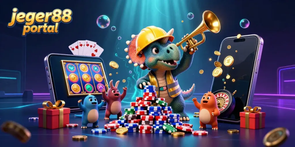 Visualisasi dinamis di jeger88 portal dengan karakter dinosaurus dan elemen permainan slot yang menarik.