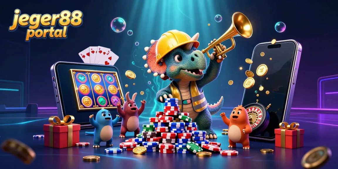 Visualisasi dinamis di jeger88 portal dengan karakter dinosaurus dan elemen permainan slot yang menarik.