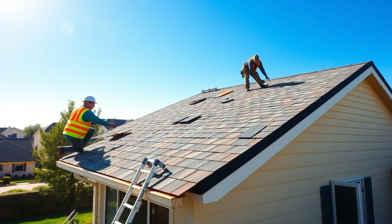Skilled workers performing professional roofing services on a residential building in a suburban setting.