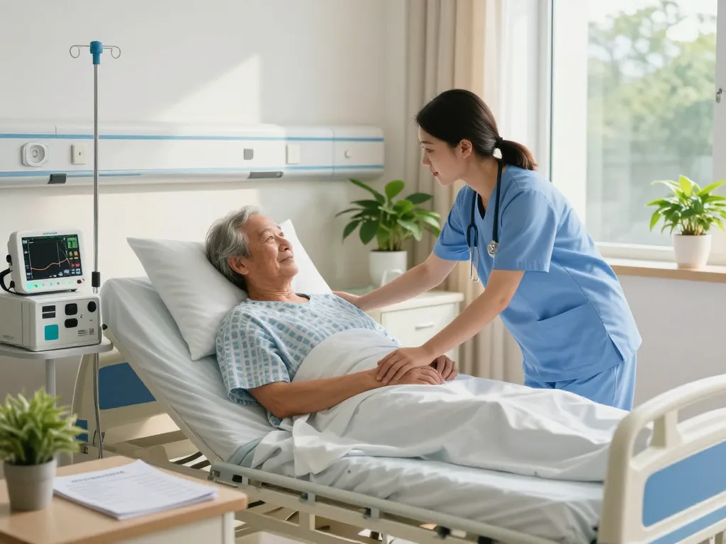 giường bệnh nhân in a cozy hospital room with caregiver and patient interaction, enhancing comfort and care.