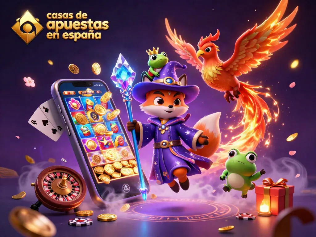 Casas de apuestas en España con un zorro mágico y un fénix rodeados de elementos de juego.