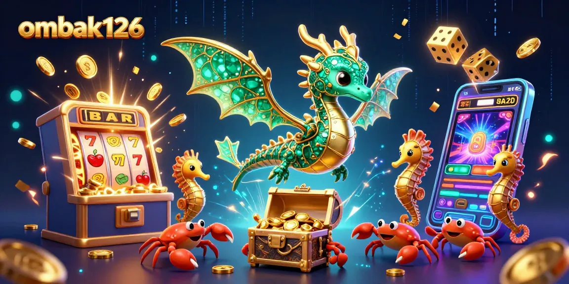 Ombak126 offers a vibrant 3D illustration of a sea dragon, slot machines, and a treasure chest.