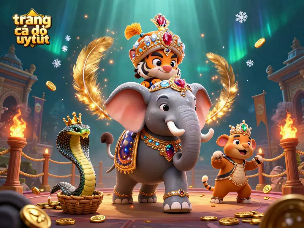 Trang cá độ uy tín, 3D cartoon illustration với maharaja, voi, và cobra trong khung cảnh huyền ảo