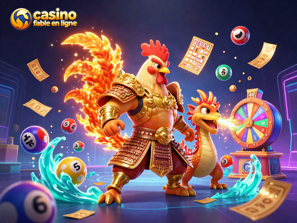 Découvrez le casino fiable en ligne à travers cette illustration dynamique de combat et de chance, avec un guerrier et un dragon.