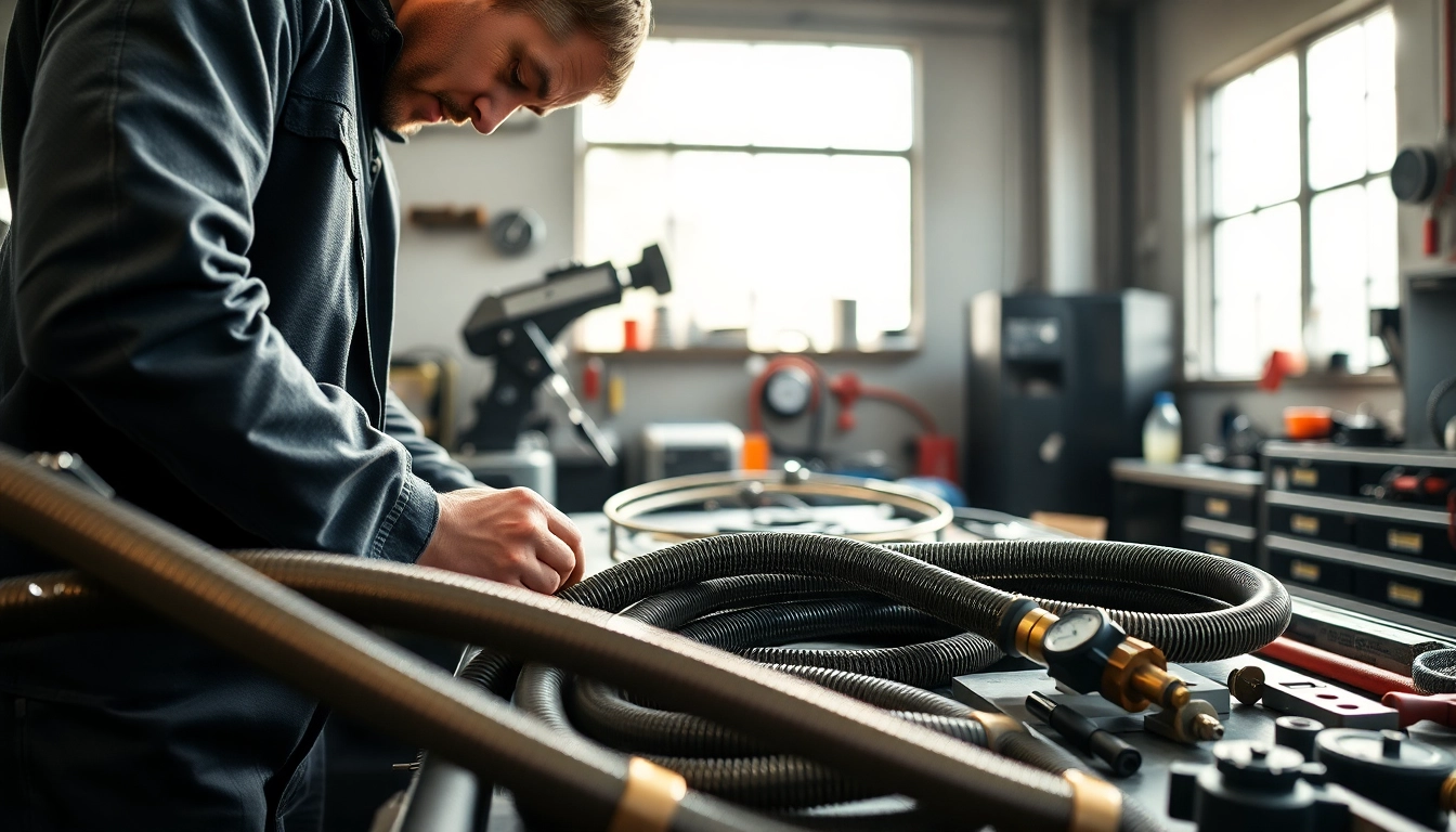 Inspecting hydraulic hose repair tools for quality in the workshop.