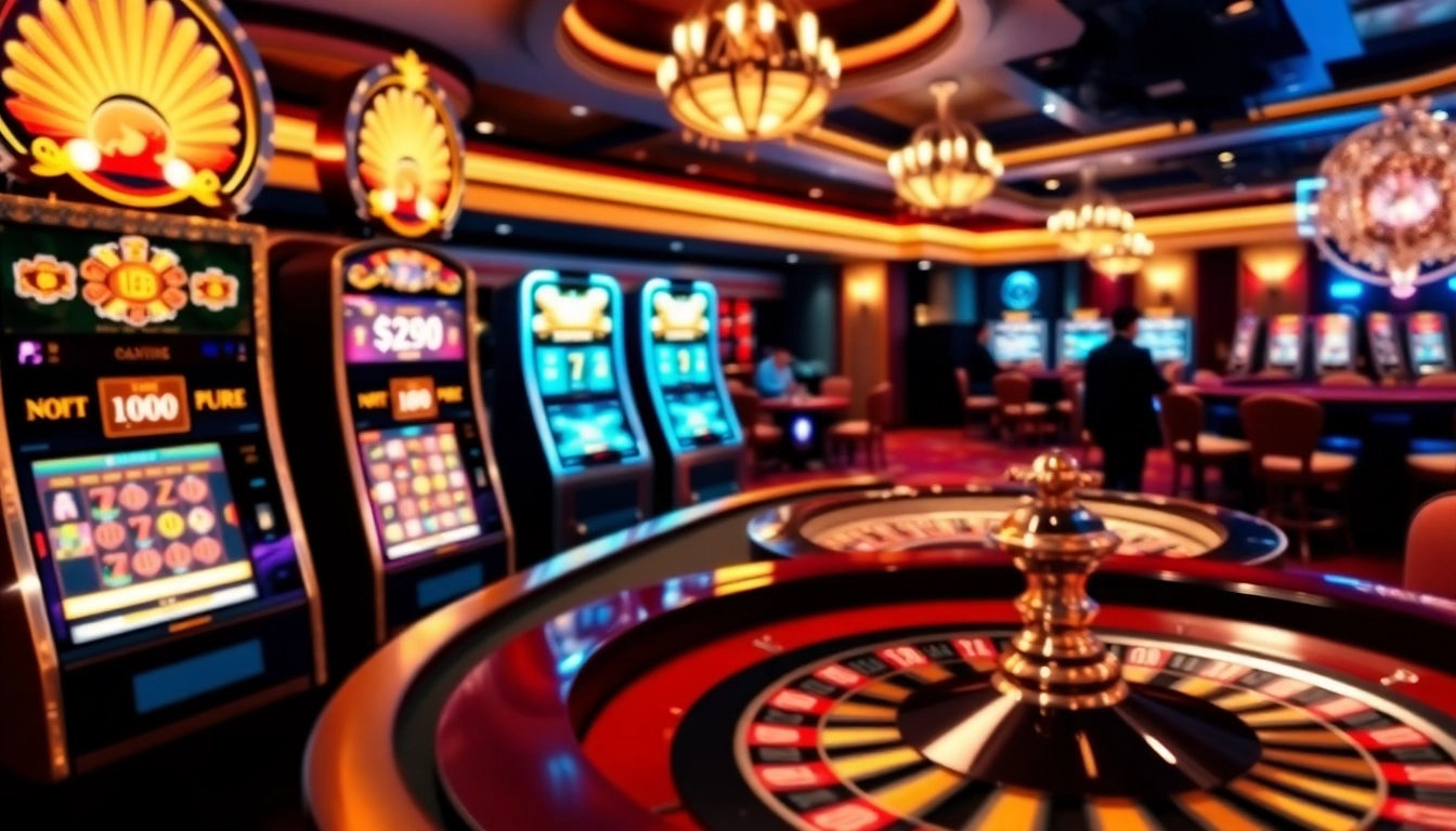 Scène engageante d'un casino en ligne France fiable avec des machines à sous vibrantes et des jetons de poker.