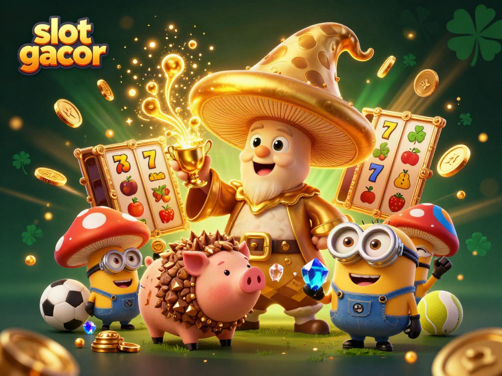 Slot gacor menggambarkan keajaiban slot dengan simbol, kemenangan, dan karakter ceria yang dinamis.