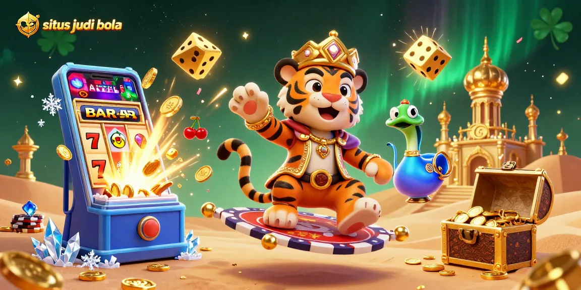 Situs judi bola themed 3D illustration with tiger sultan, slot machine, and vibrant jewels