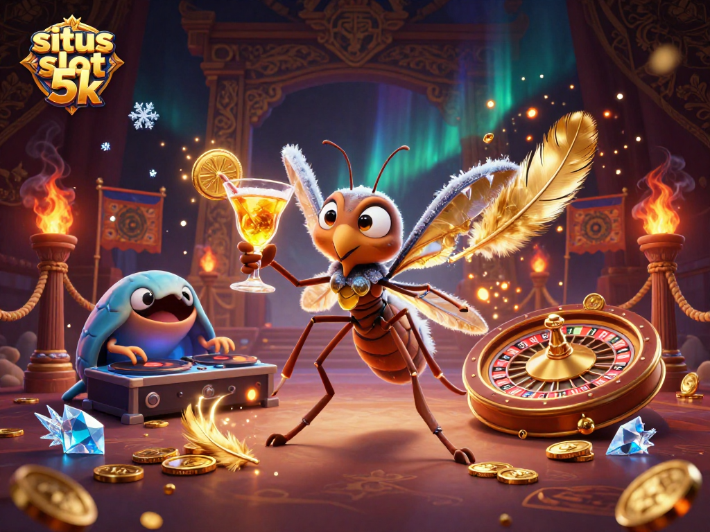 Engage with situs slot 5k featuring a vibrant 3D mascot and casino elements in action.