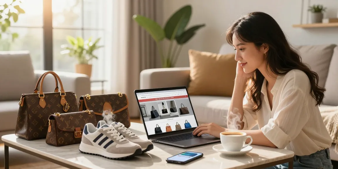 A young woman enjoys shopping on a 레플리카 사이트, experiencing luxury replicas in a cozy home with stylish decor.