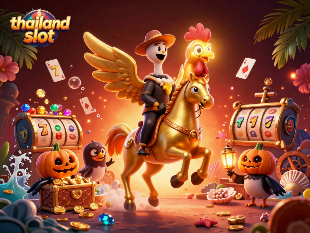 Spin and win at thailand slot with dazzling golden rooster in a vibrant casino scene.