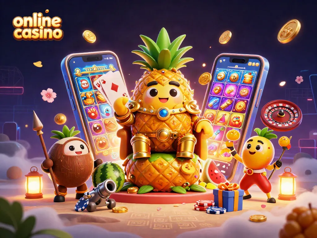 Descubre la diversión en un casino online con el rey piña y sus guardias en un entorno lleno de juegos.