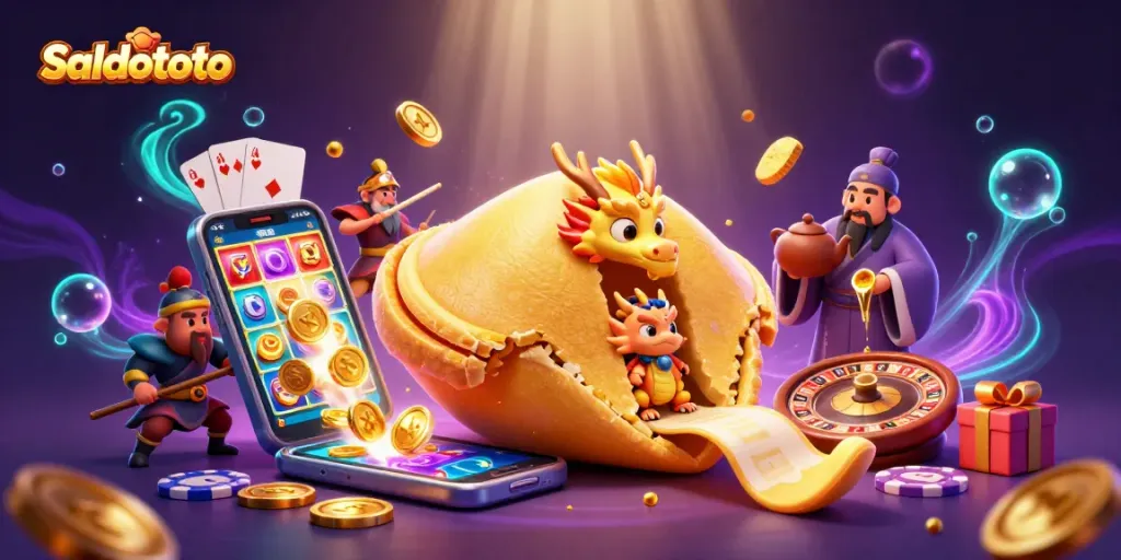 Saldototo menghadirkan ilustrasi 3D permainan slot dengan elemen emas dan naga dalam suasana ceria.