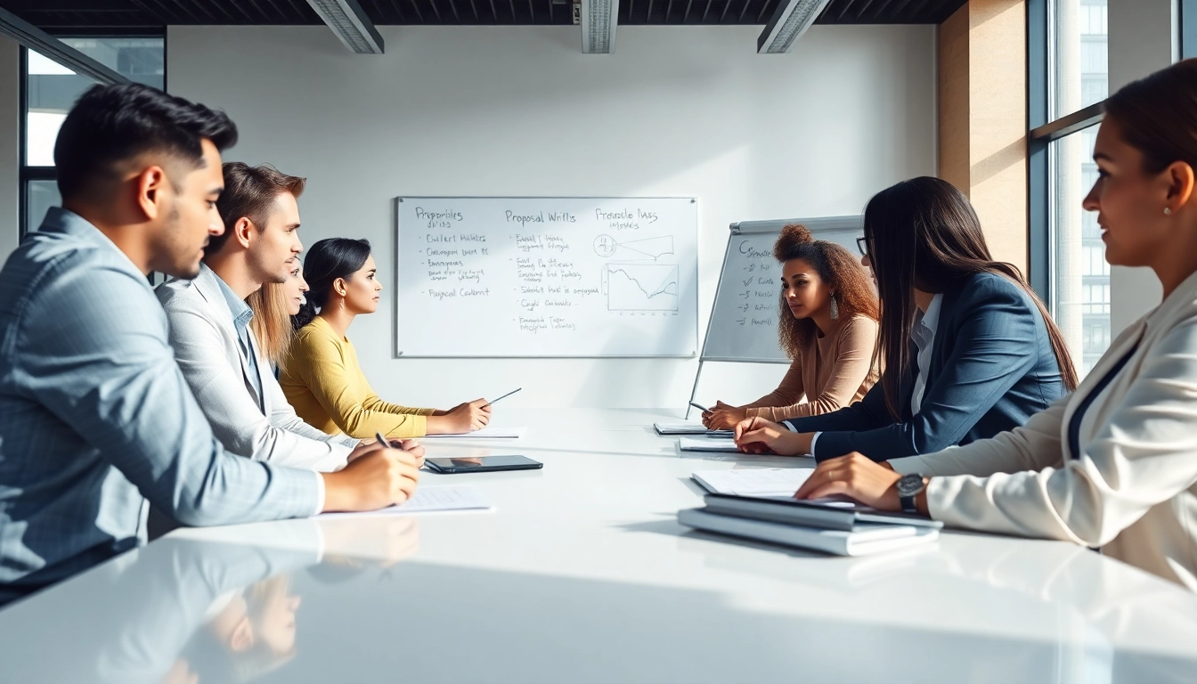 Group collaboration on Proposal Writing and Management in a modern office setting.