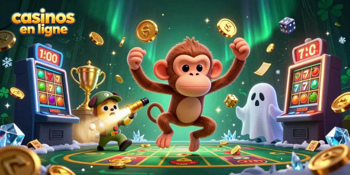 Profitez de jeux passionnants et de jackpots sur des casinos en ligne avec l'illustration d'un singe farceur jonglant.