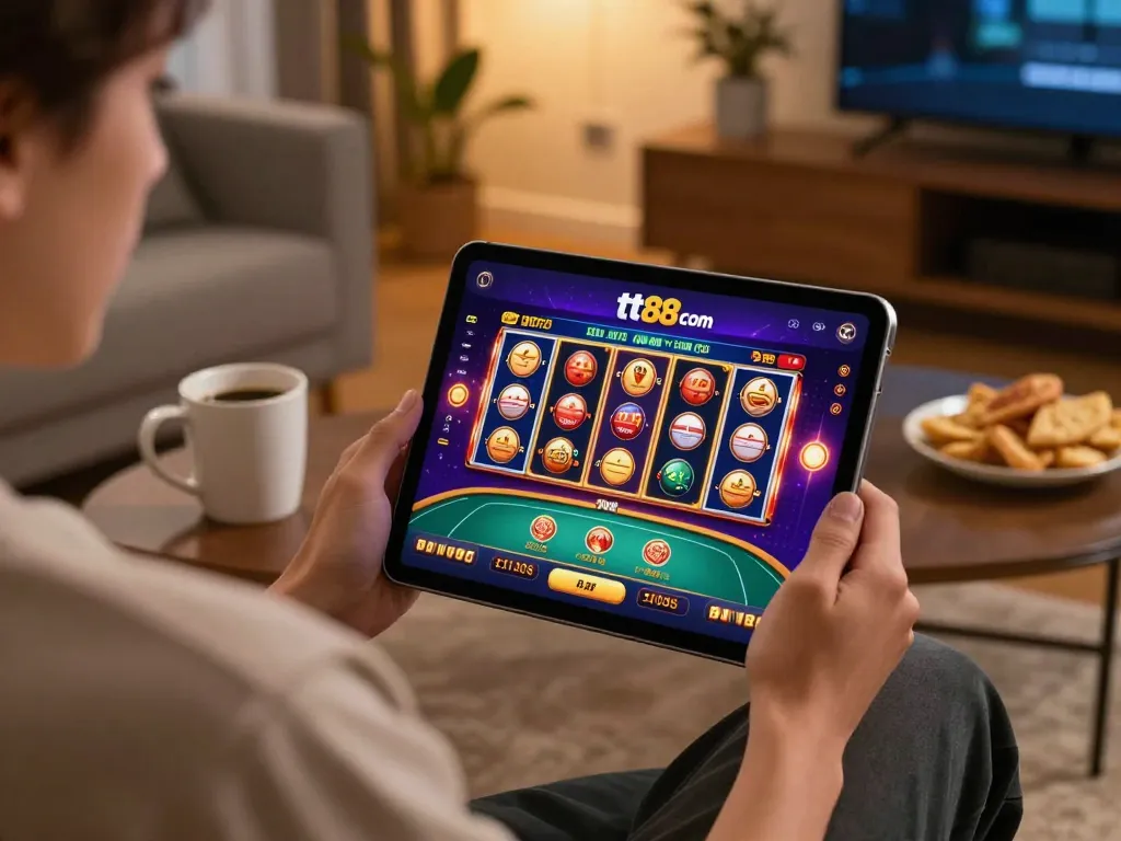 Engaging home gaming with tt88 com app on tablet, showcasing online casino excitement