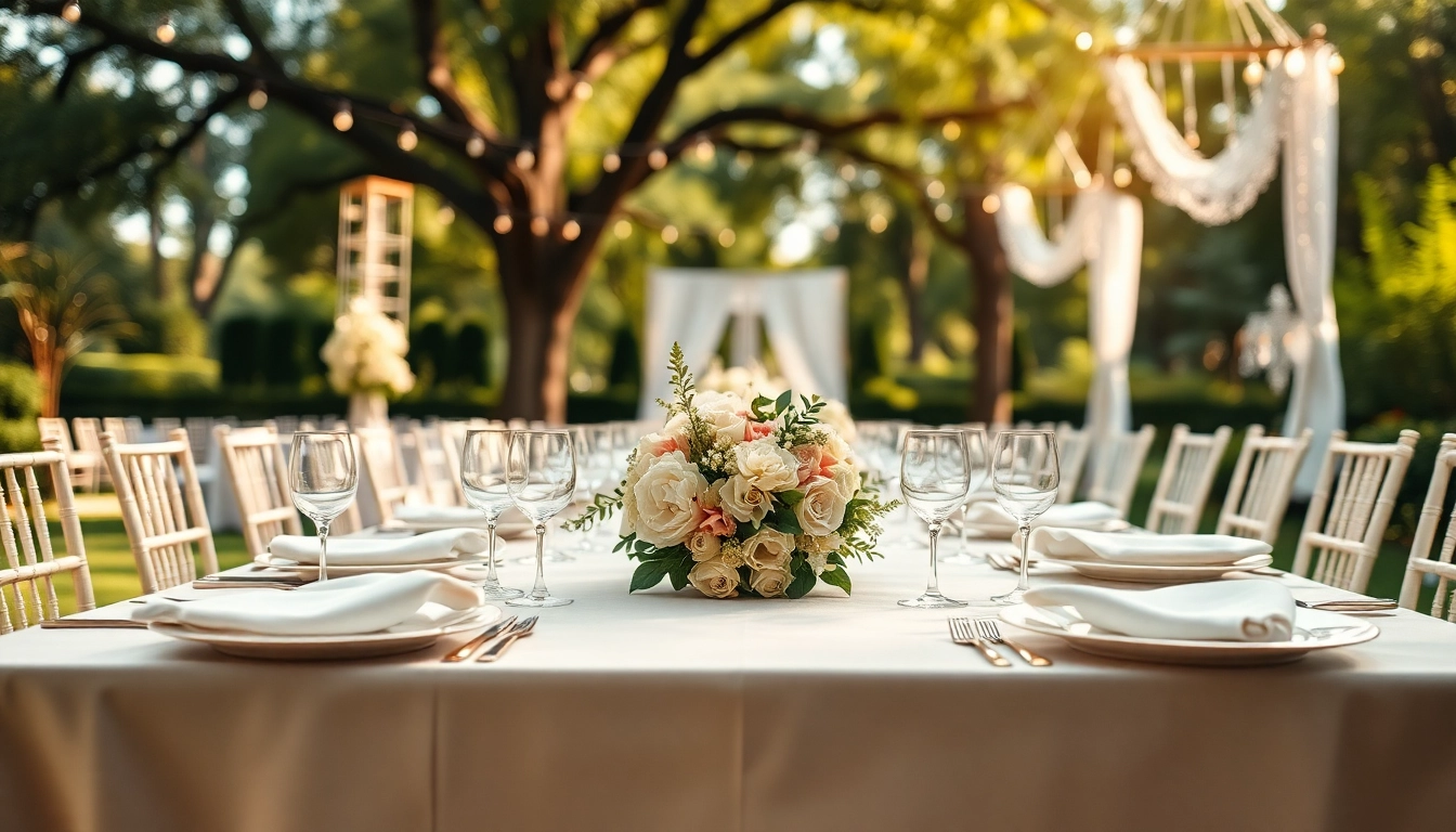 Beautiful table set for wedding & event rentals with vibrant florals and atmospheric lighting.